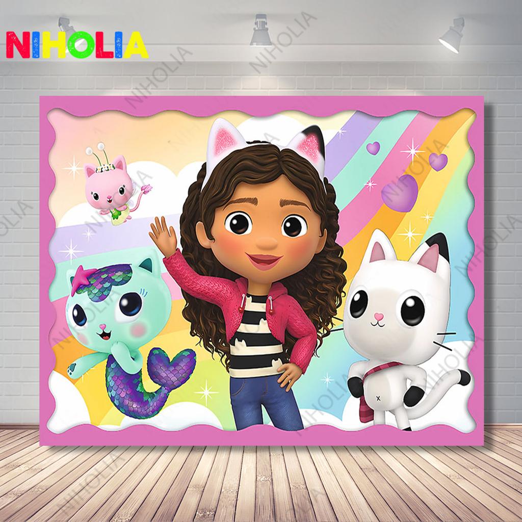 Niholia Gabby Dollhouse Backdrop Kids 2nd Birthday Party Decoration Photography Background Baby Shower Photo Prop Banner