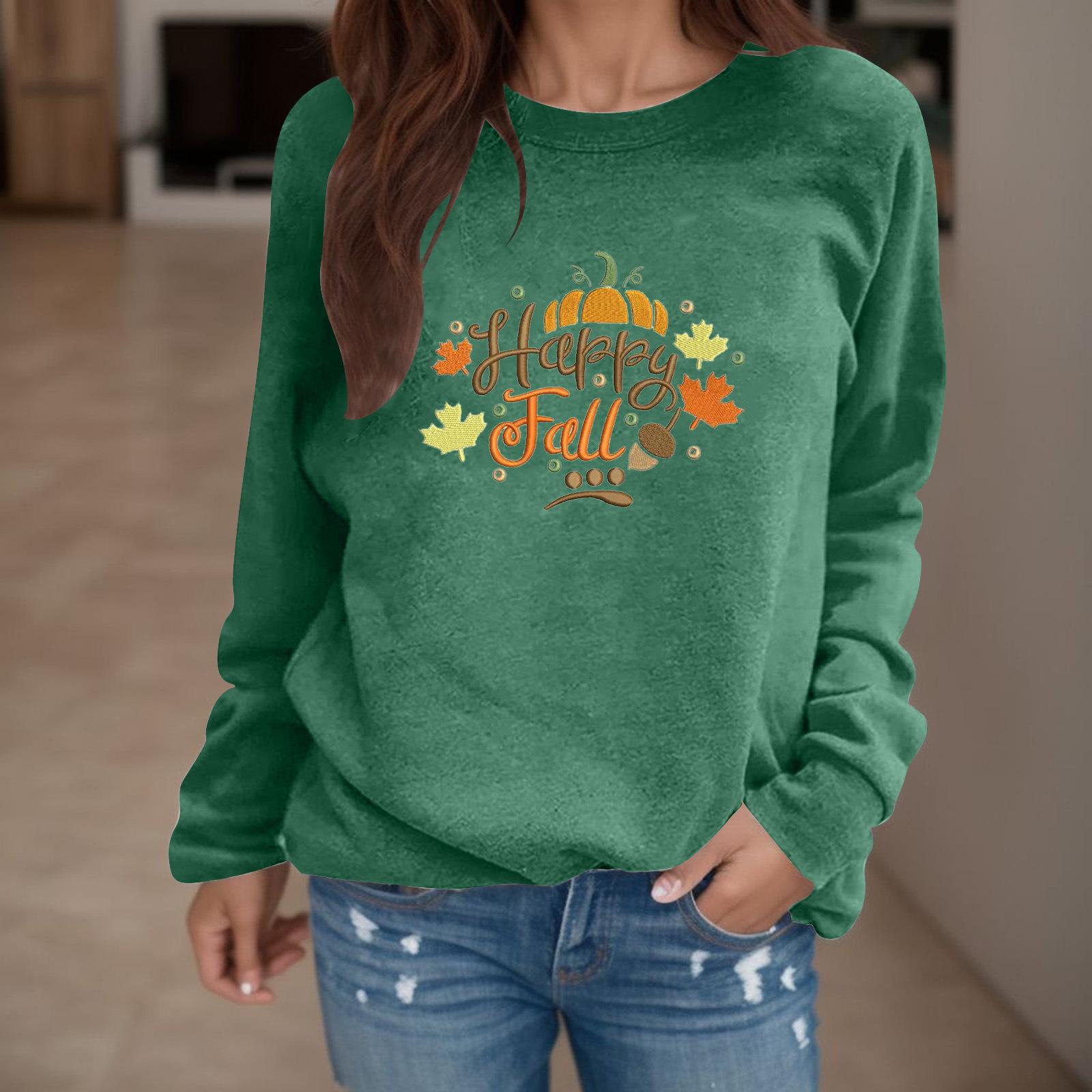 

European and American Pumpkin Halloween Letter Multi Color Printed Round Neck Autumn Loose Long Sleeve Tee For Women XXL