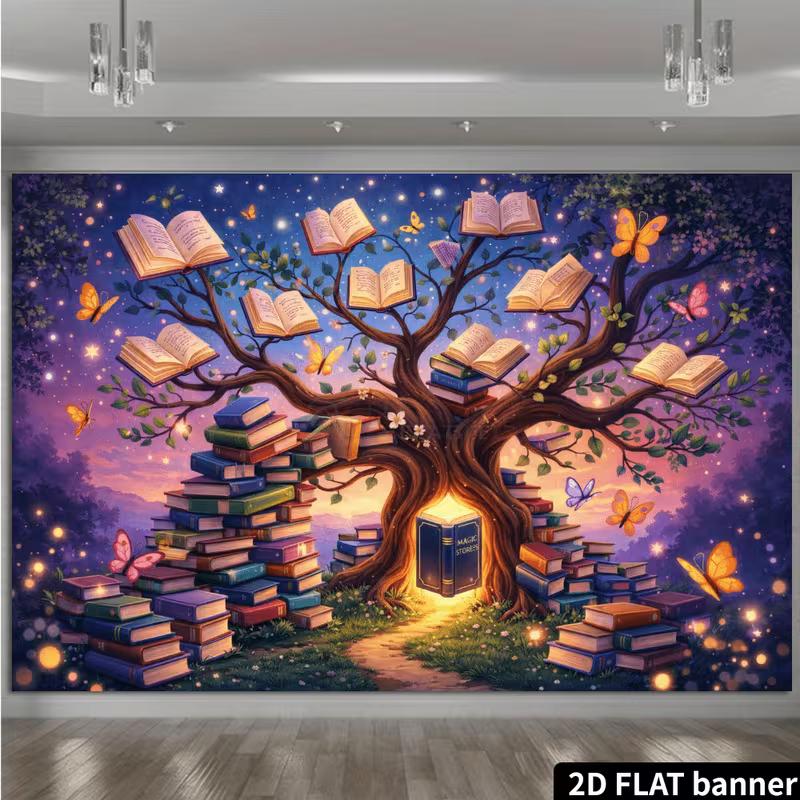 2D Enchanted Book Tree Backdrop Purple Sky Magic Story Book Background