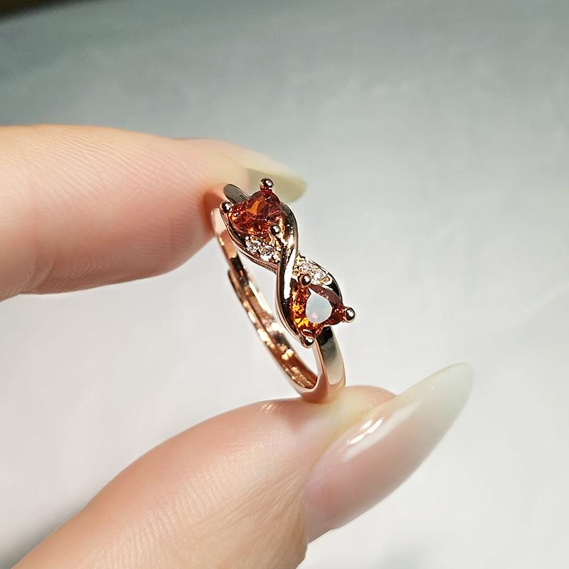 Delicate Double Diamond Pomegranate Red Heart Ring Women'S Double Heart Mobius Rose Gold Plated Love Living Ring