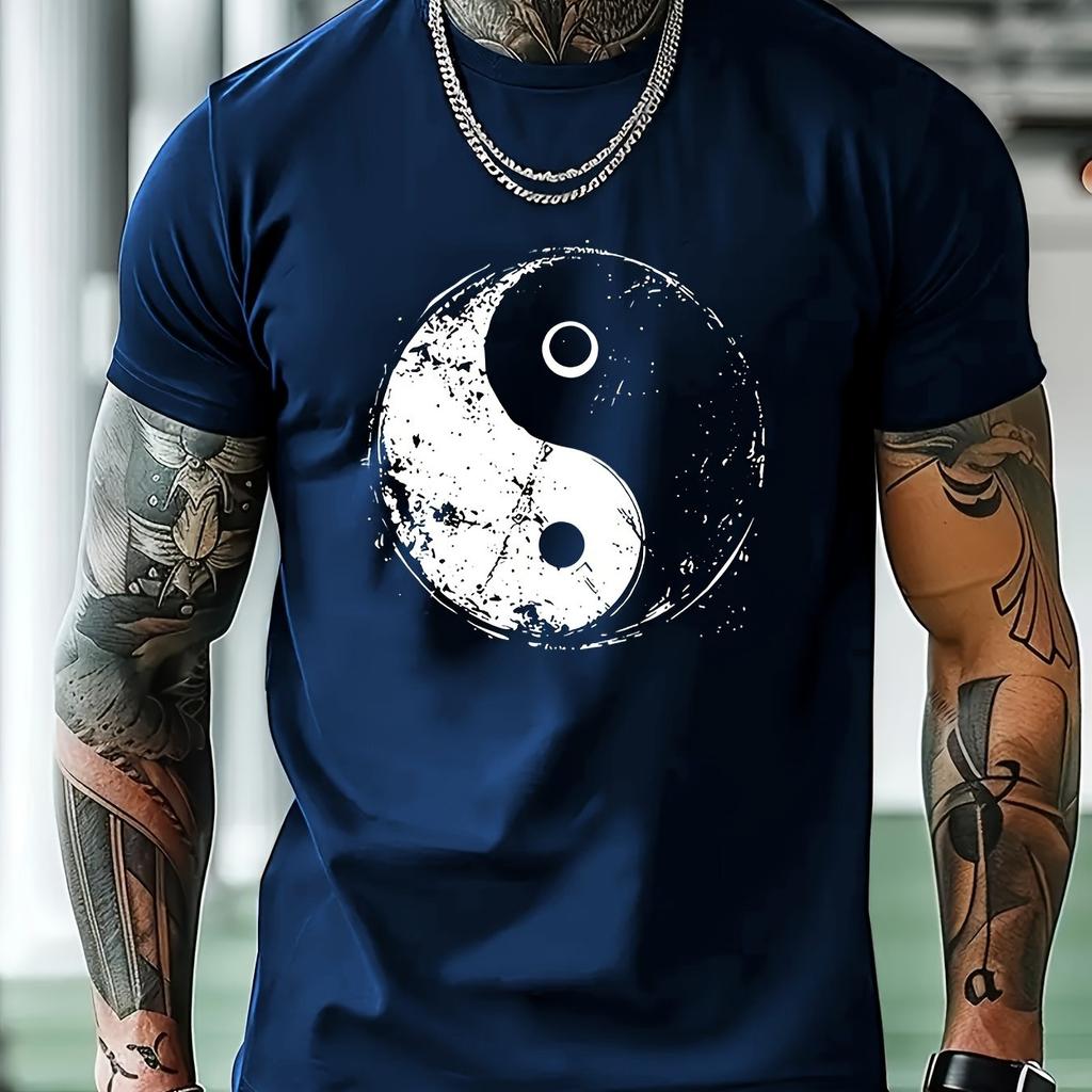 Yin Yang Graphic Print Mens Cotton TShirt Round Neck Short Sleeve Casual Summer Tee