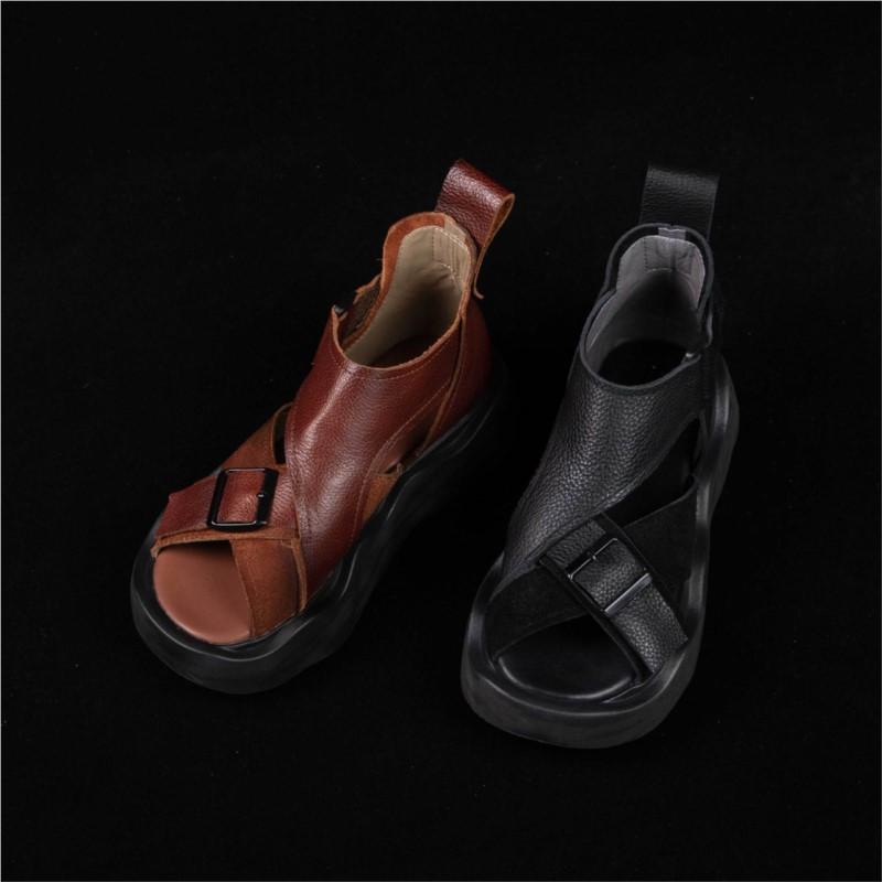 Johnature Genuine Leather Flat Platform Sandals Vintage Peep Toe Thick Soled Women's Shoes