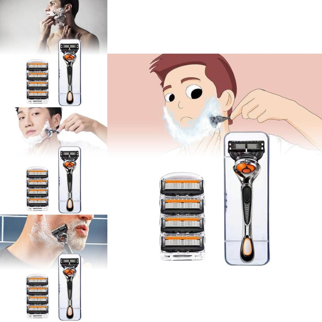 Innowacyjna maszynka do golenia z pięcioma ostrzami dla panów w stylowej pomarańczowo-czarnej kolorystyce