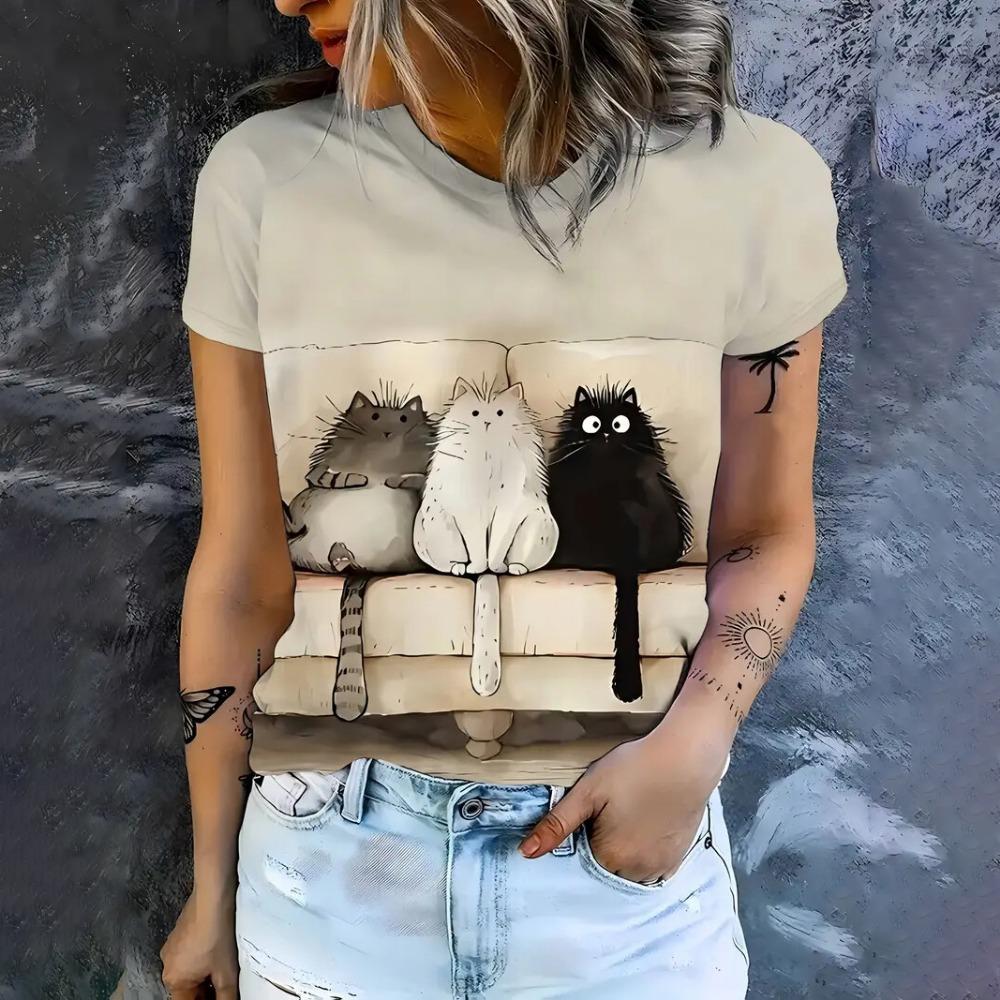 Summer Women's T-Shirts Casual Short Sleeve Crew Neck Tee Fashion Streetwear Female Oversized Clothing Cartoon Cat T-Shirts