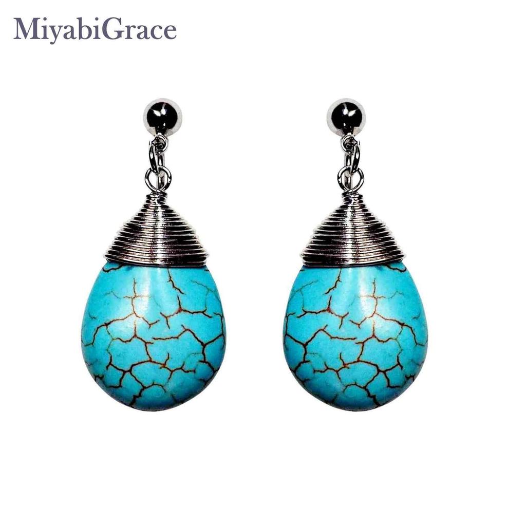 Natural Elegant Miyabi Grace Women's Earrings, Non-pierced Earrings, Popular, Painless, Teardrop, Turquoise, Blue, Stone, Blue, Large, Gemstone,