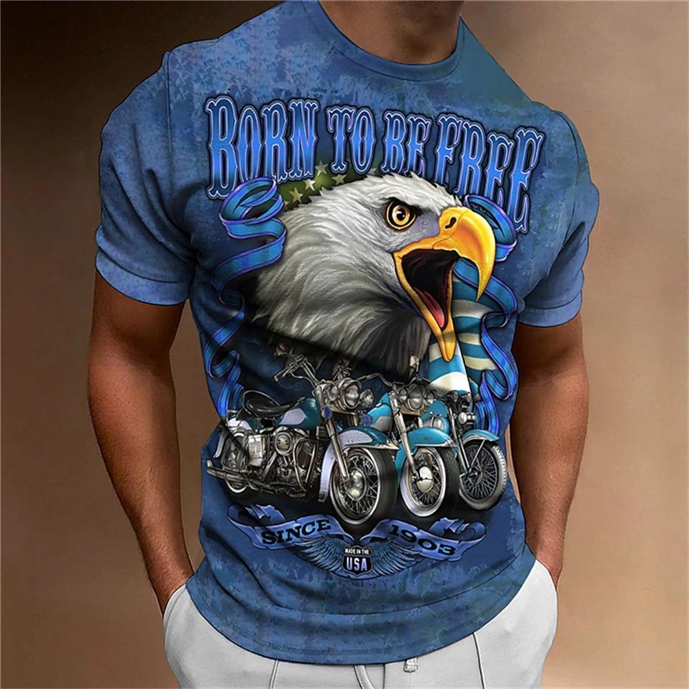 Men's Animal Pattern T-Shirt, Eagle, Motorcycle, 3D Print, Vintage Trendy Loose Large Size Casual Street Short Sleeve Top