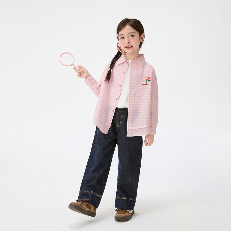 Xiaoyinman Girls' Floral Embroidered Plaid Long-Sleeve Shirt