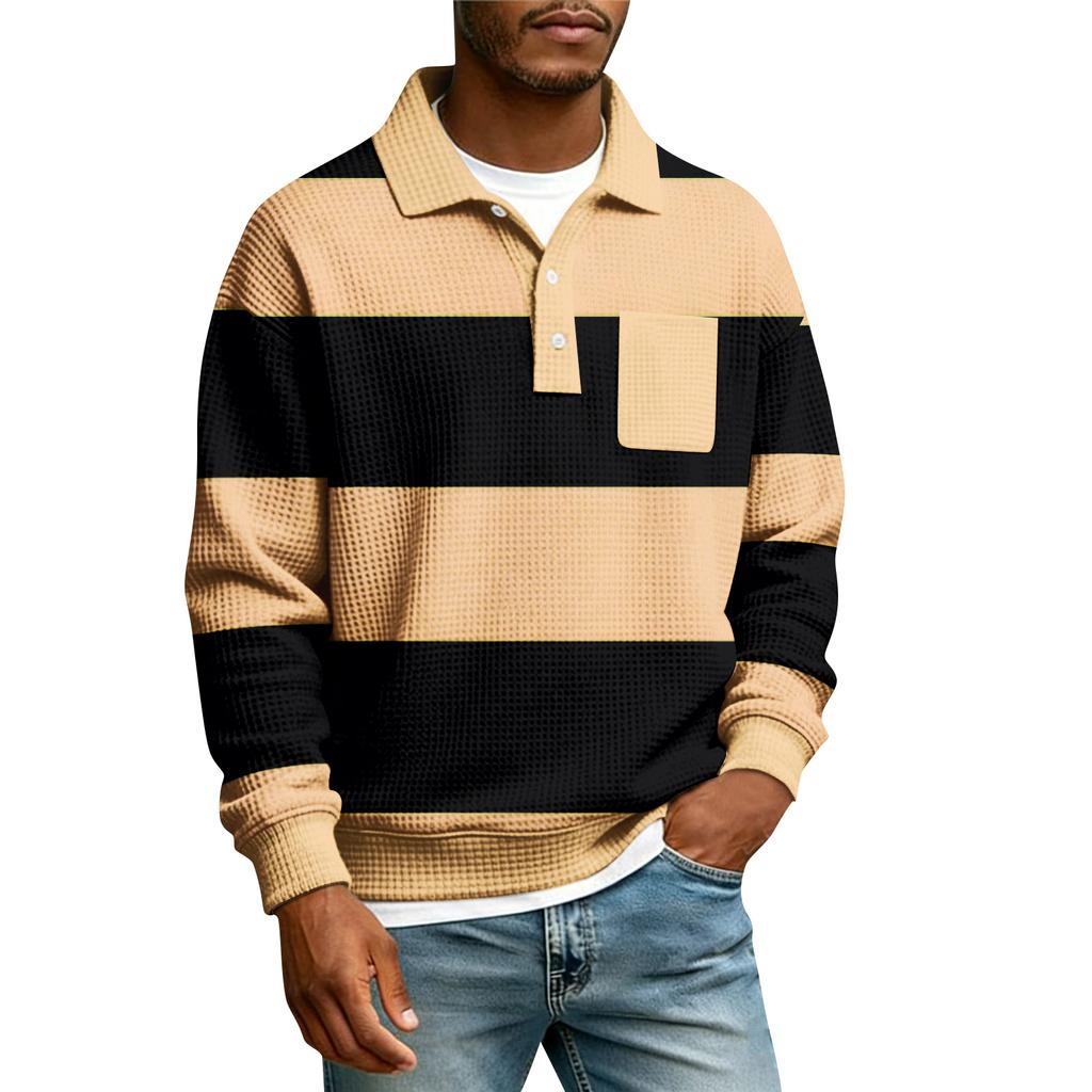 Herren Gestreiftes Einreihiges Langarmhemd Mit Kragen Und Taschen Lässiges Sport-T-Shirt