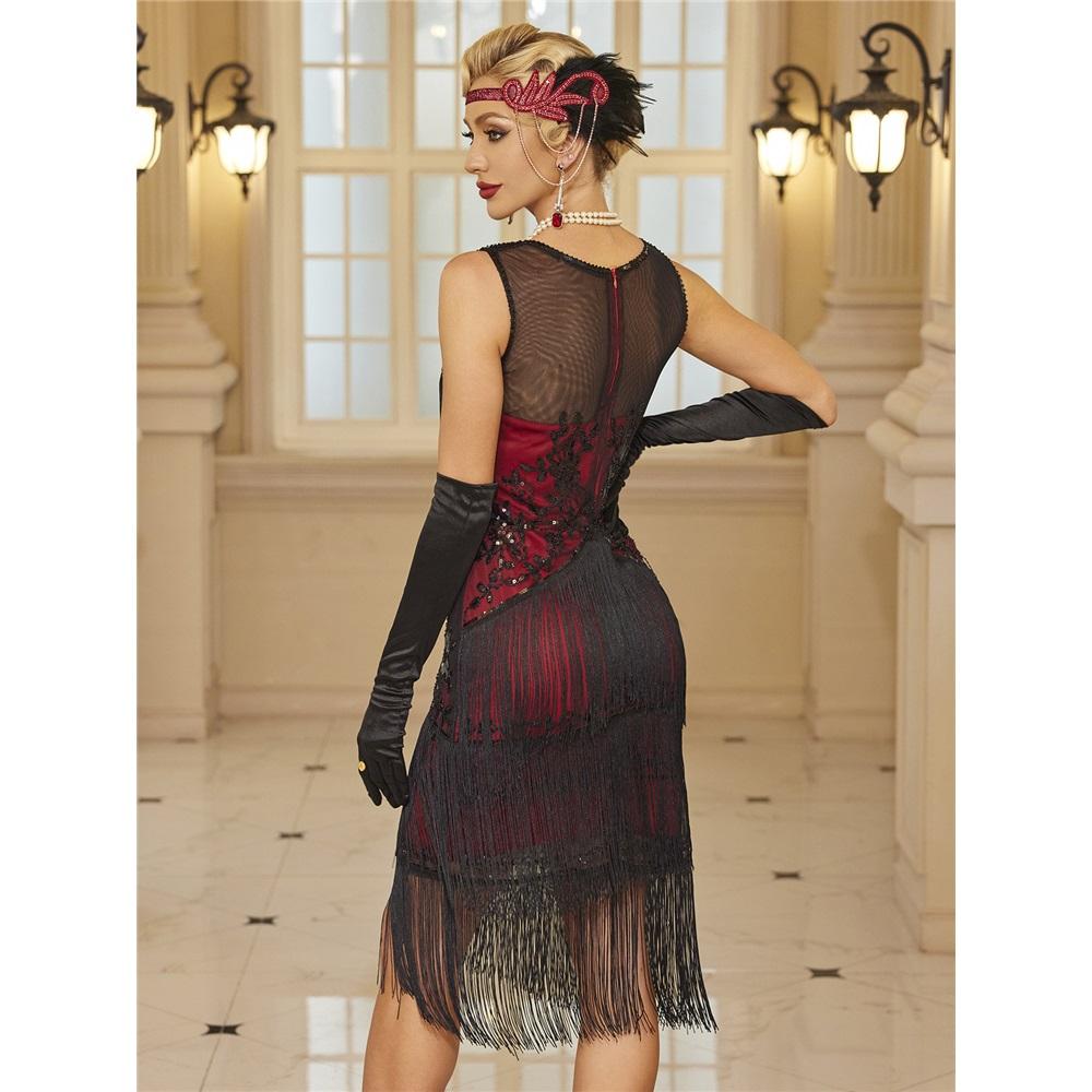 1920S Retro Ball Embroidered Tassel Dress Party Large Size Sequined Beaded Mesh Dress