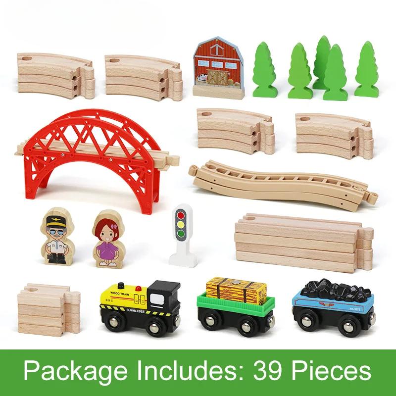 Children's Wooden Track Set, Red Bridge 8 Track Magnetic Small Train Assembly Combination Scene Boys and Girls Toys Gift