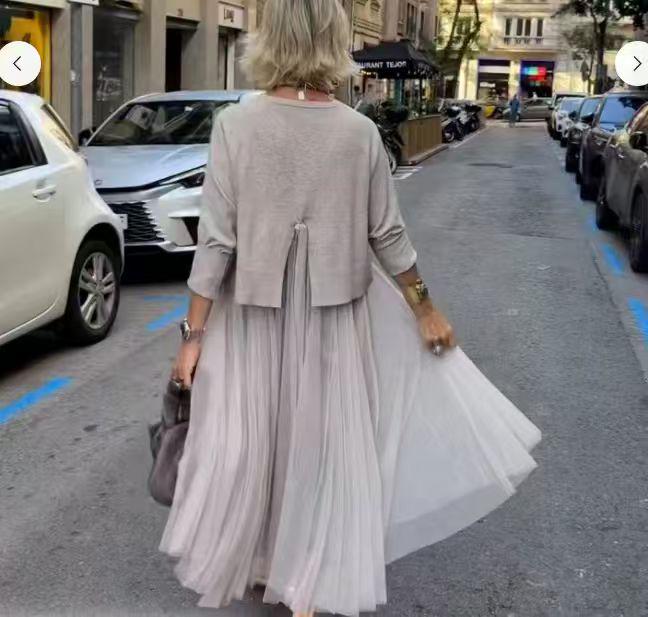 Women's Solid Color Knit Top & Mesh Skirt Two-Piece Set - Comfortable & Casual