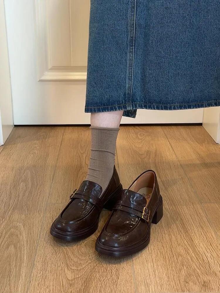 Platform loafers women's British style spring and autumn one-pedal thick heel single shoes retro small leather shoes