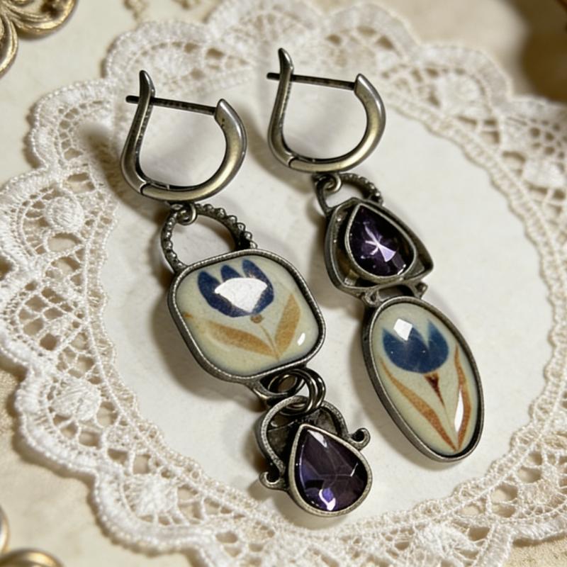 2Pcs Asymmetric Tulip Flower Dangle Earrings Vintage Silver Tone Enamel Drop Earrings For Women Bohemian Party Jewelry