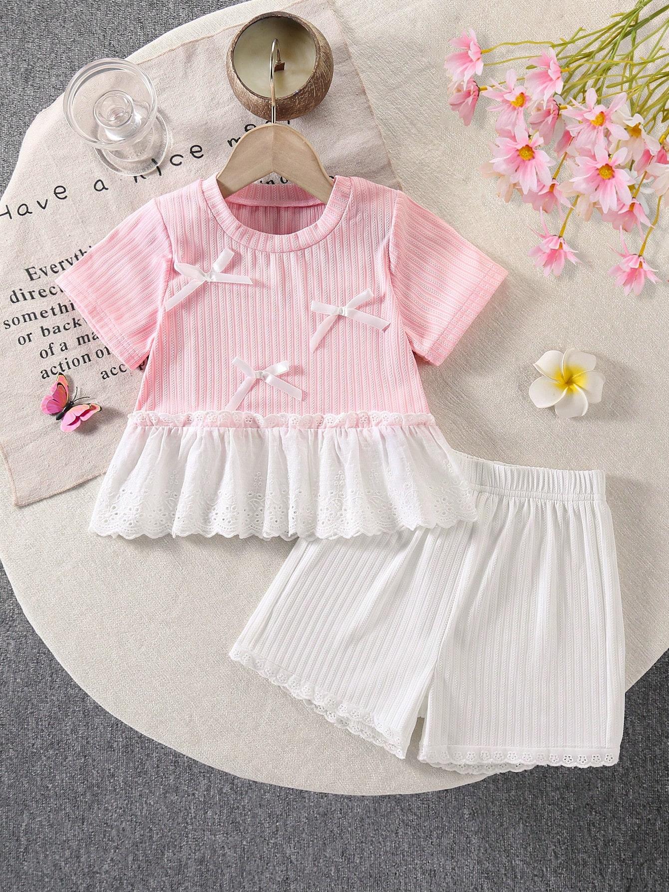 Girls Two-Piece Outfit: Sweet Style Vertical-Ribbed T-Shirt Top with 3D Bow & Lace-Trimmed Hem, Paired with Cute Lace-Trimmed Striped Shorts 2-3Y розовый