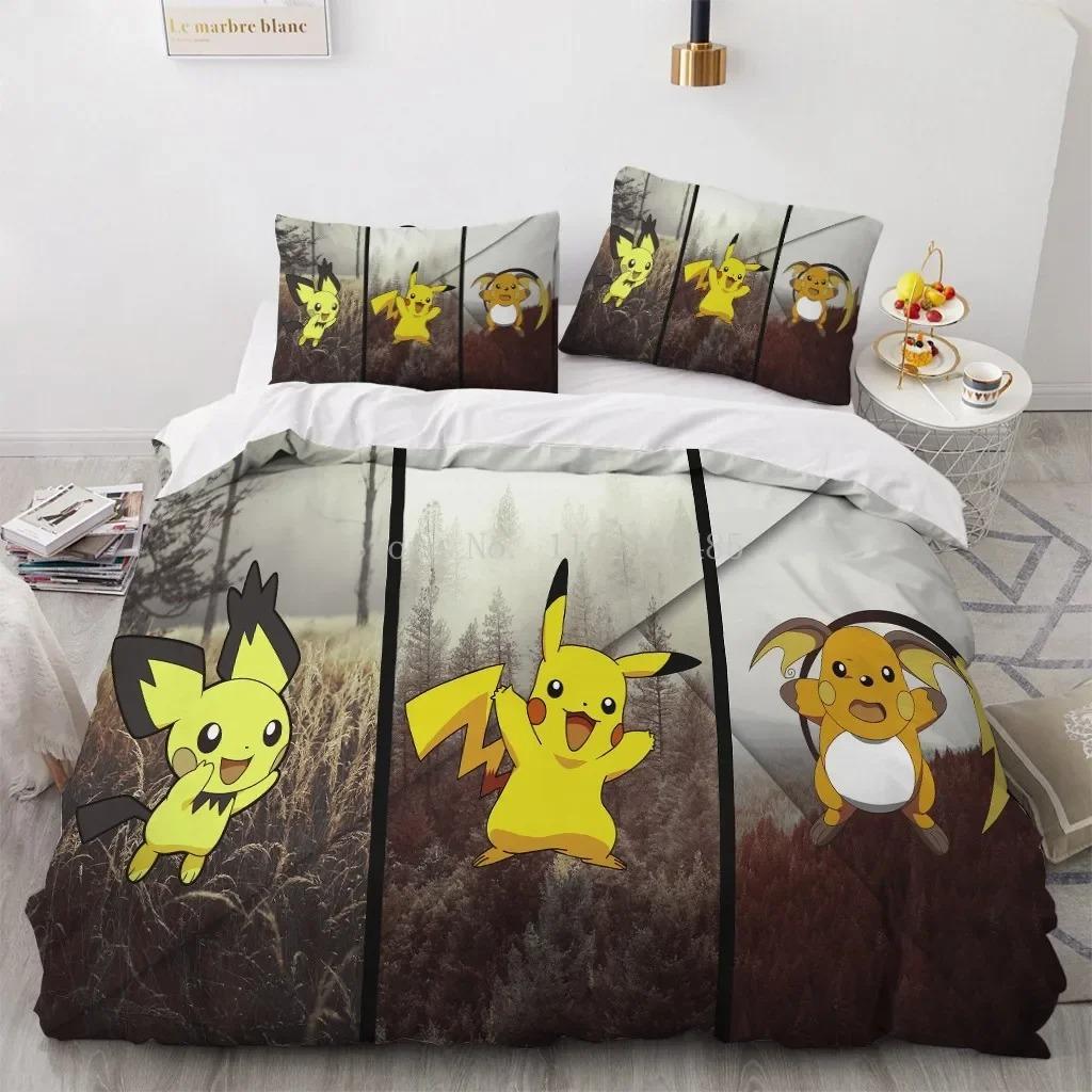 Pokemon Pikachu Quilt Cover Package Comforter Cover Full Size Twin Size King Size Size Children Kids Bedroom Bedclothes Bed Linen Package Decoration