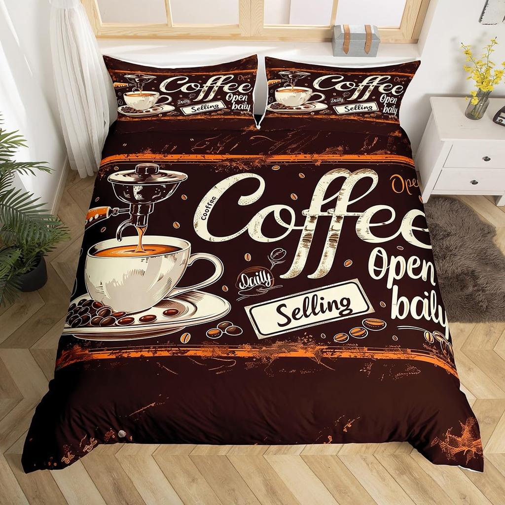 Coffee Duvet Cover Queen King Cartoon Coffee Drink Cup Print Bedding Set Coffee Lover Comforter Cover Modern Brown Quilt Cover