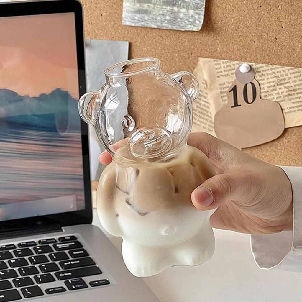 Glass Tumbler with Straw Bear Design Cute Iced Coffee Cup Juice Water Bottle Milk Tea Mug Cocktail Drinkware Clear Container