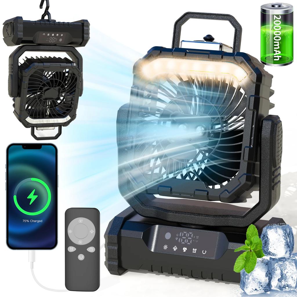 20000mAh Portable Spray Camping Fan Rechargeable,Battery Powered Fan with LED Lantern for Fishing, Garden Barbecue and Trave