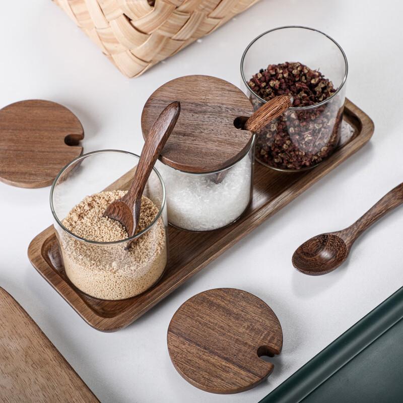 Glass Seasoning Jar Set with Acacia Wood Lid & Spoon