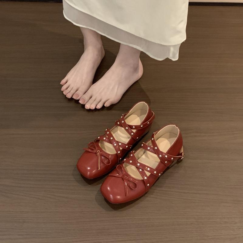 Fashion Niche Design Sense Square Toe Rivet Inner Heightened Mary Jane Shoes Women's 2025 Summer New Bow Ballet Shoes