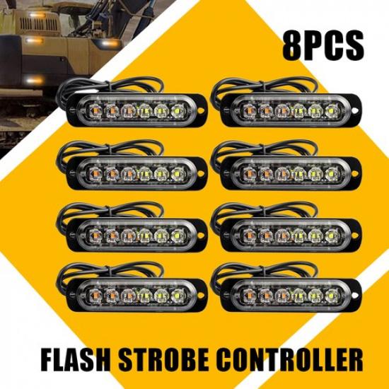 8pc Car 6-LED Amber/White Truck Light Strobe Bar Indicator Runing Flashing Light