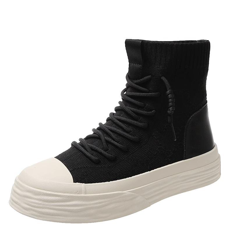 

Осенние дышащие высокие туфли 2024 года с толстой подошвой и высокой посадкой, вязаные эластичные носки и ботинки для женщин 40 чёрный