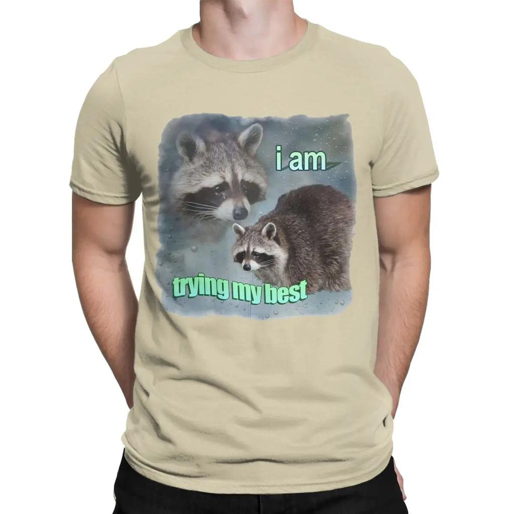 I Am Trying My Best Raccoon Word T Shirt Men's 100% Cotton Vintage T-Shirts Crew Neck Tees Short Sleeve Tops Classic