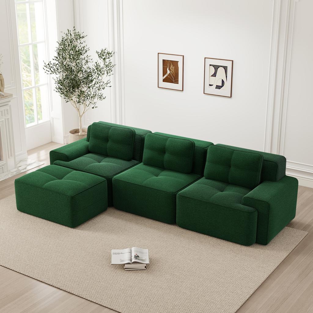 Cloud Modular Sofa Boneless L-Shaped Sofa, Modular Sofa with Ottoman, 3-Seater Corduroy Cloud Sofa for Living Room, Assembly-Free Sofa, Green