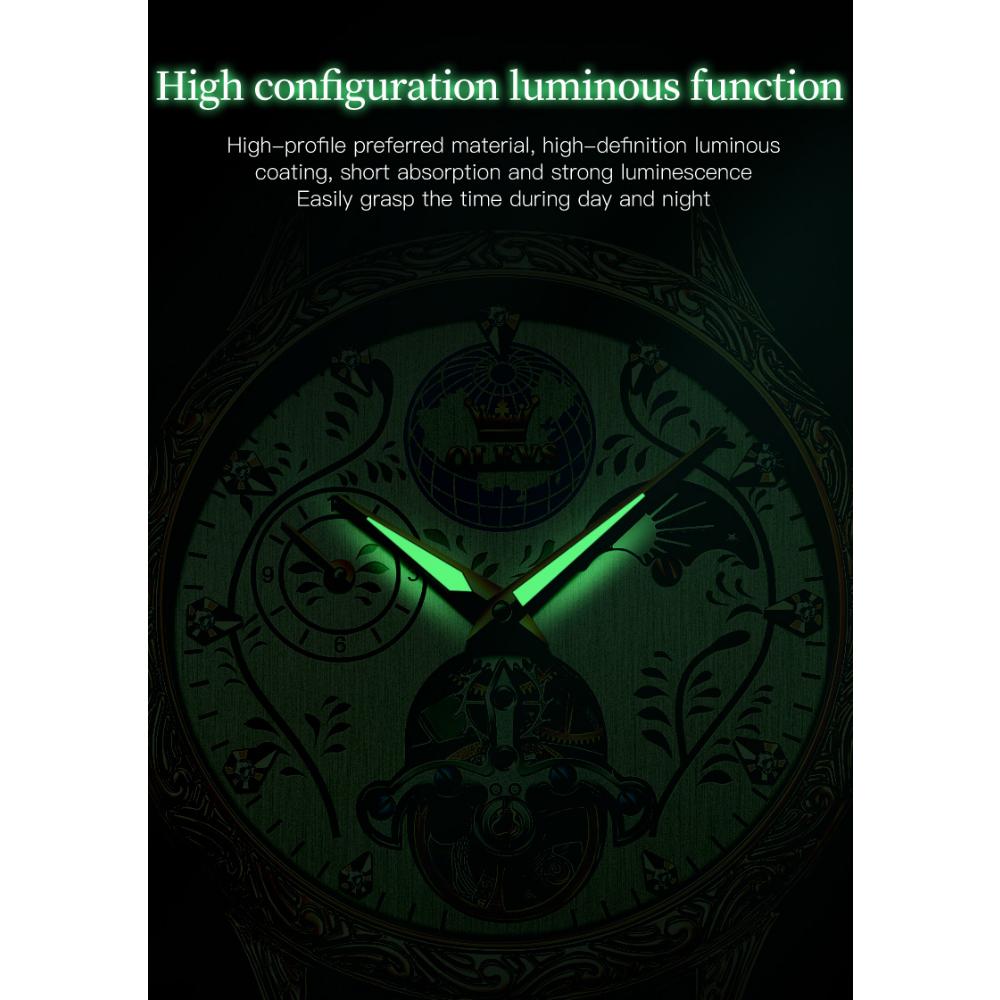 OLEVS Neue Herrenuhren, dreidimensionales Relief-Zifferblatt, aushöhlen, multifunktionale mechanische Uhren, wasserdichte Herrenuhren