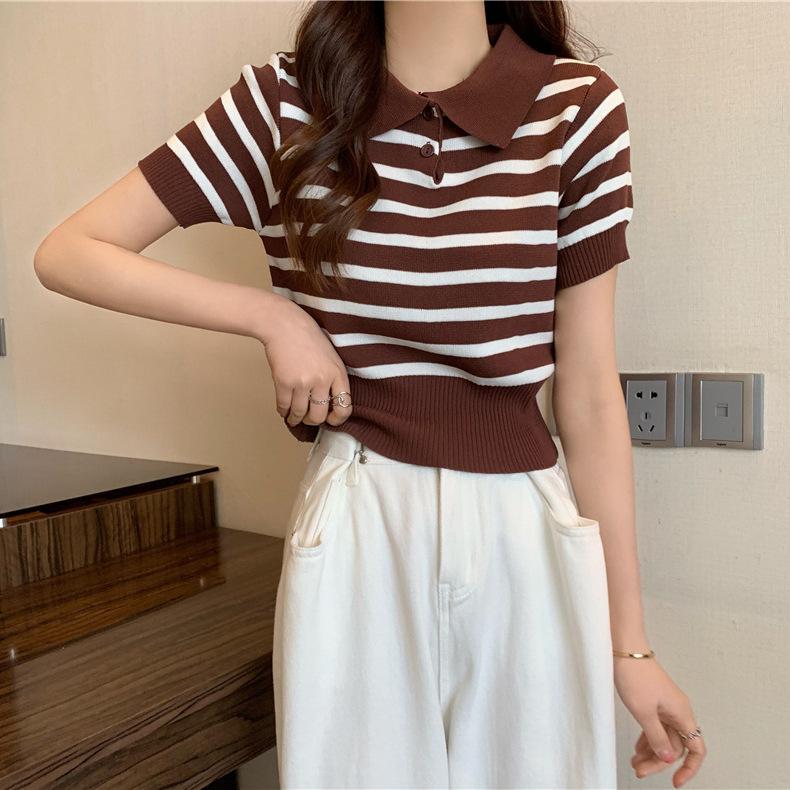 Çok Yönlü Kısa Üstler Kadın Retro Renk Bloklu Çizgili Beli Oturan Örgü Giyim Tide Günlük Yazlık Temel Konfor ve Stil Slim Fit Kazaklar Tişörtler