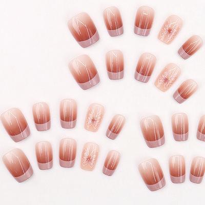 30Pcs Pink French Butterfly Short Square Head Press On False Nails With Glue Glitter Design Detachable Fake Fingernails