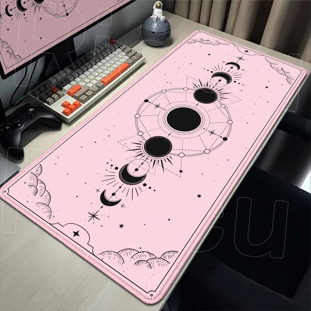Weiß & Schwarz Schreibtischunterlage Gaming Tarot Astrologie Ästhetik Gummi-Mauspad 120x60cm Cartoon Himmlische Mondphasen Rutschfestes Mauspads