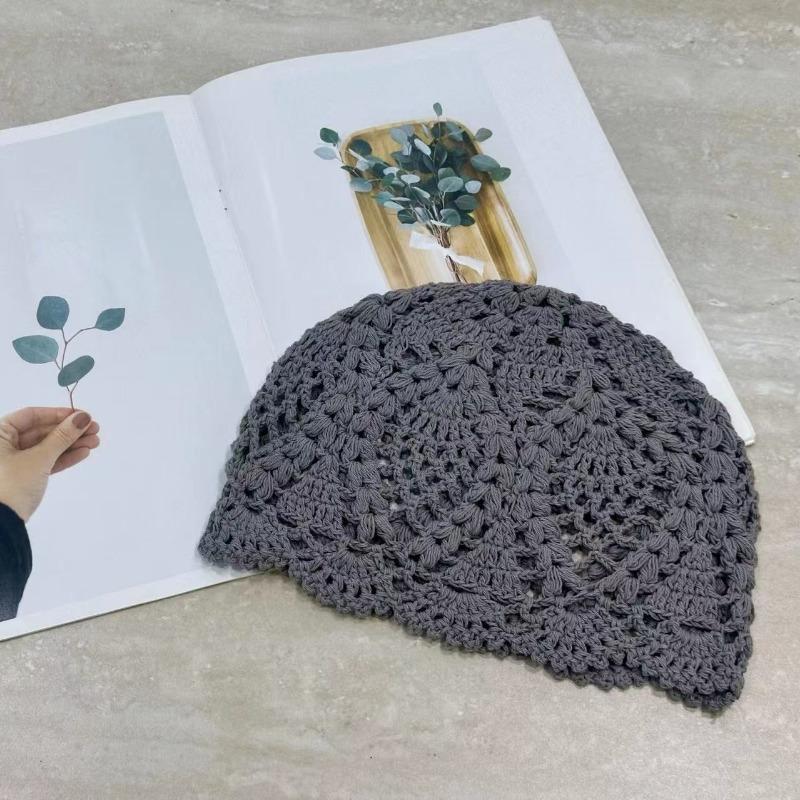 Pure Handmade Crochet Hollow Flower Bag Head Hat Women's Spring and Summer Thin Temperament Crochet Hat Versatile Pullover Hat