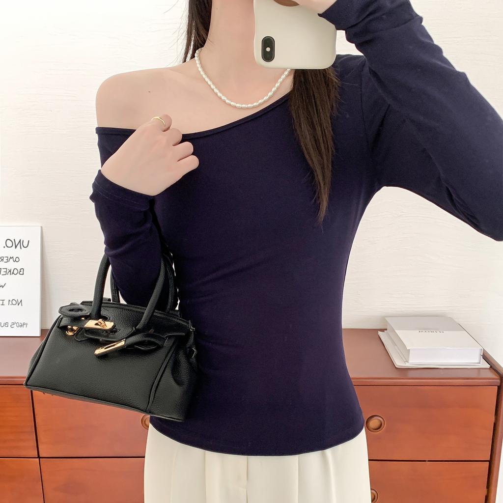 New Pure Spring and Autumn Long-sleeved T-shirt for Women with Slim Slim Collar Off-shoulder Slim Bottom Shirt Top