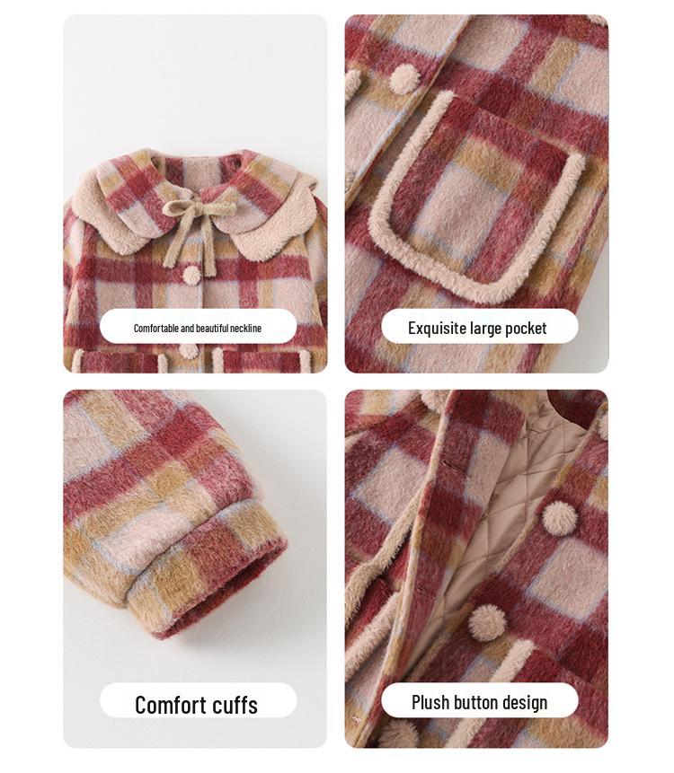 Girls' 2025 Mid-Length Plaid Wool Coat - Thickened for Autumn/Winter Warmth