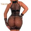 Women Nightdress Gloves Set See through Hollow Out Fishnet Lace Shiny Rhinestone Decor Sheath Skinny Backless Bedroom Honeymoon Sleepwear