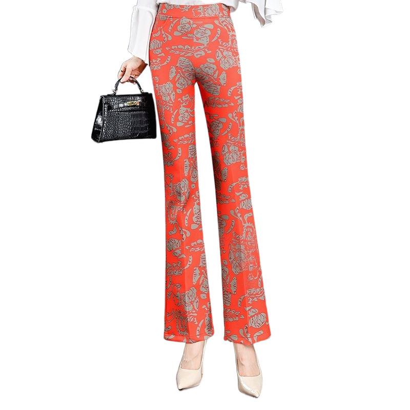 2024 Versatile Printed Micro-Flare Pants: Elastic Waist, Slimming, Stretchy Women’s Long Pants