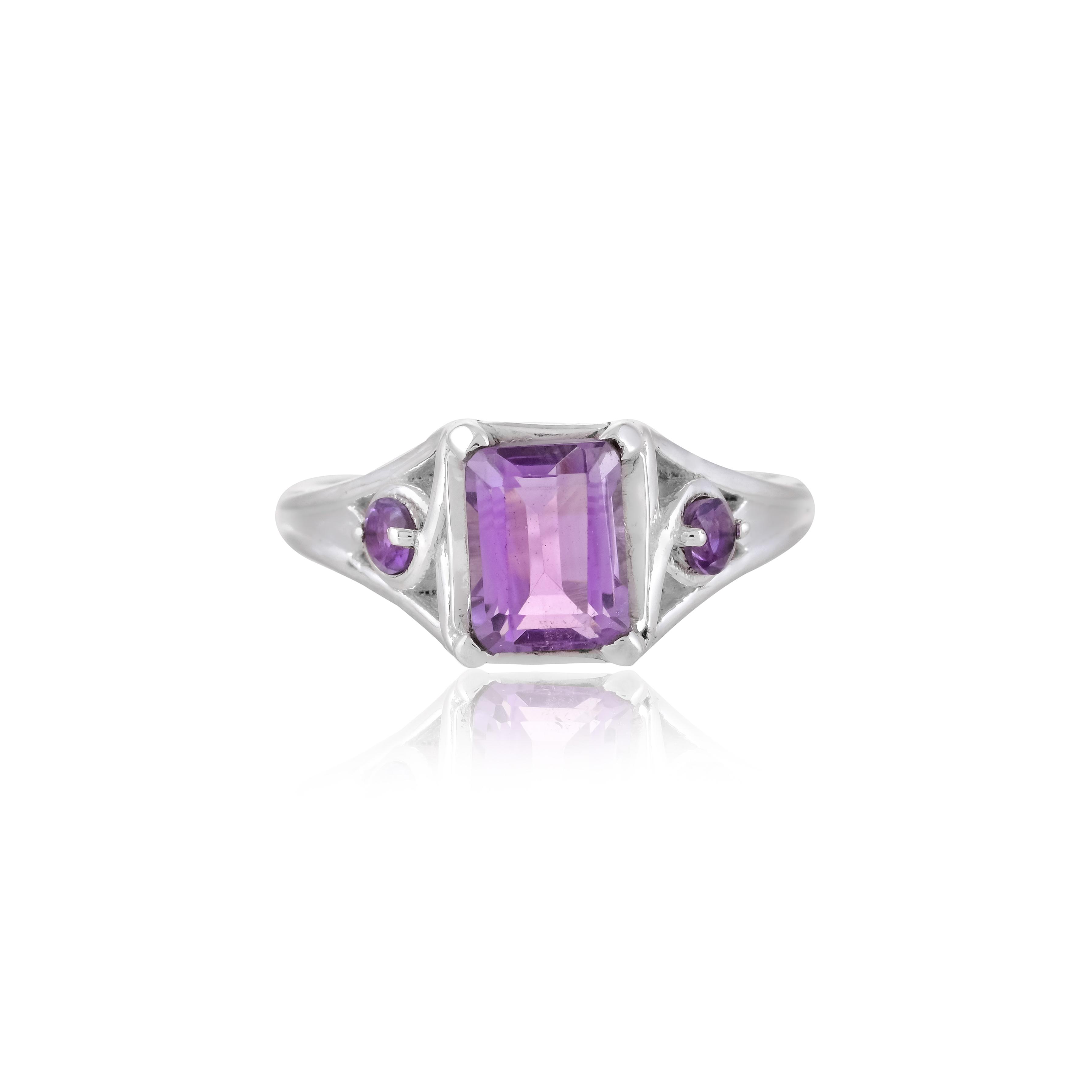 

Natural Amethyst Ring in 925 Sterling Silver - Emerald-Cut Purple Gemstone - Art Deco Style Filigree Jewelry - February Birthstone Gift US 12.5