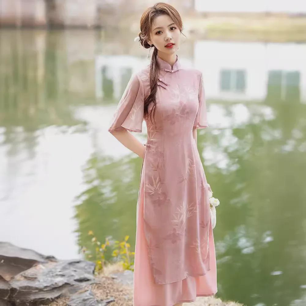 Elegant Pink Ao Dai Cheongsam Skirt - 2024 Summer Light Style