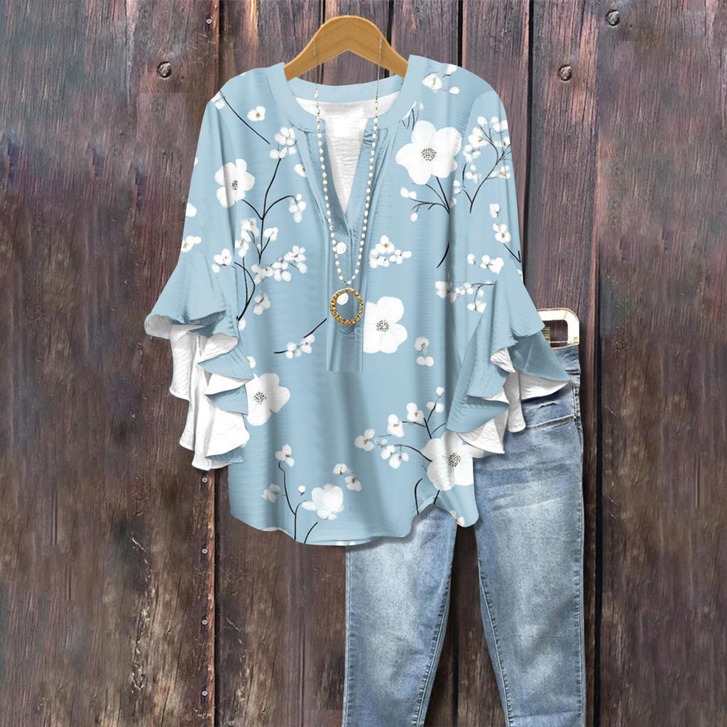 Summer Tops For Women Cute V Neck 3/4 Sleeve Blouses Floral Print Top Casual Shirts