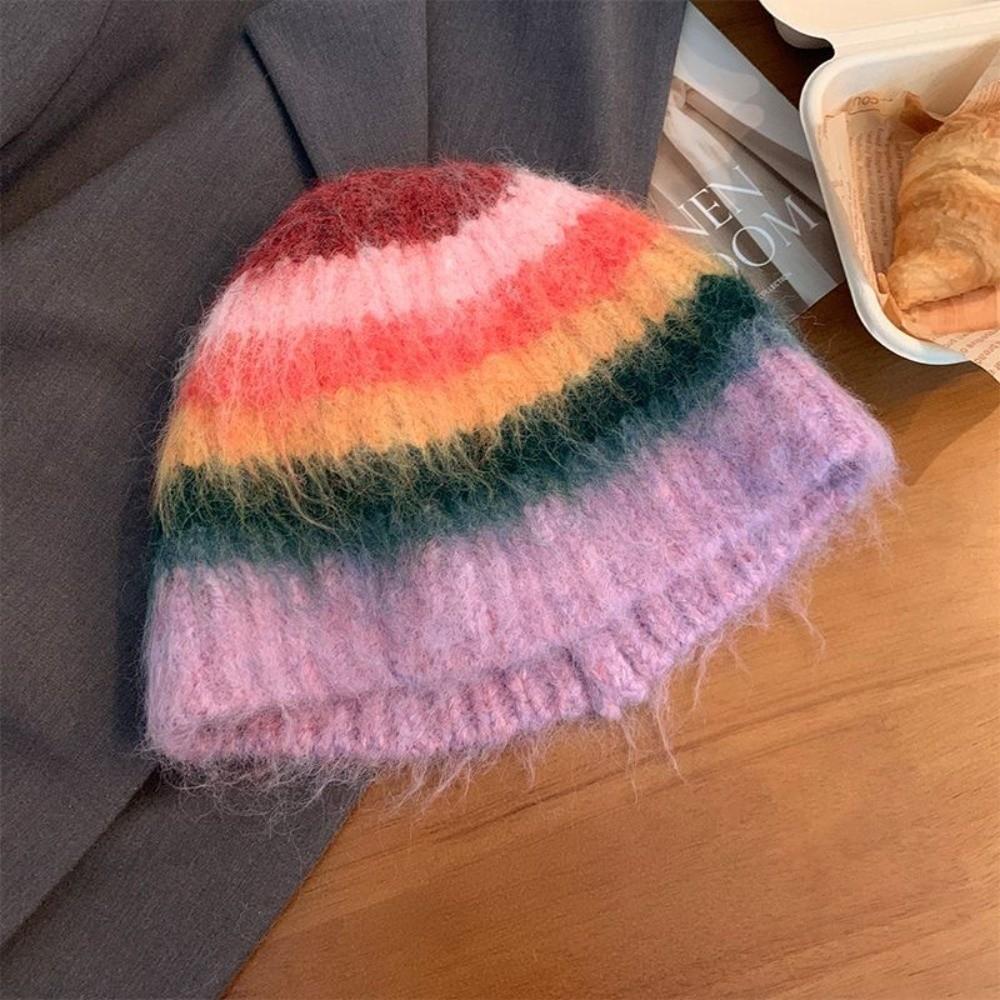Colorful Striped Knitted Hat Soft Cotton Crochet Beanie Hat New Woolen Bucket Cap  Unisex