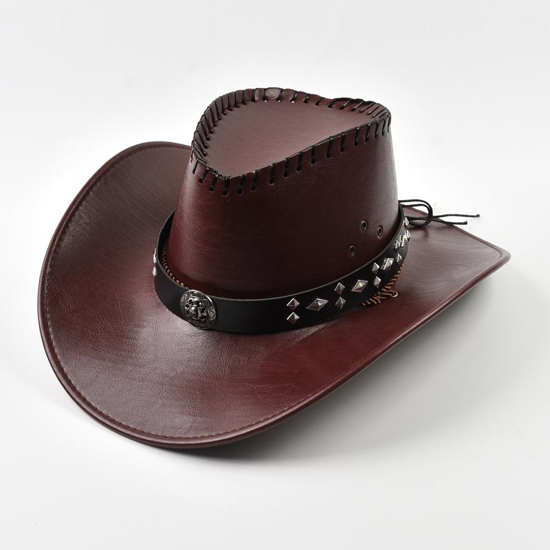 Faux Leather Western Cowboy Hats For Women Men Vintage Big-edge Gentleman Cowgirl Jazz Hat Holidays Party Cosplay Hat