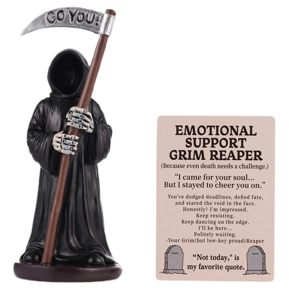 

Хэллоуинские украшения Эмоциональная поддержка Мрачный жнец Смола Статуэтка Держащая Кофе и Кота Расписанная вручную Смола Статуэтка Мрачного жнеца