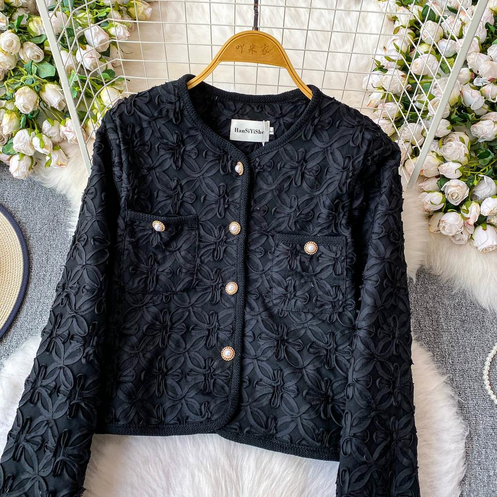 Spring Autumn Women Elegant Full Sleeve Single Breasted Pearl Button Weave Flower Short Jacket Coat with Pocket