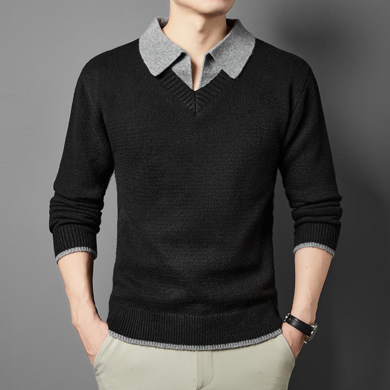 Autumn Winter New Men'S Contrast Color Lapel Fake Two Piece Sweater Original Design Minimalist British Style Knitwear Men'Swear