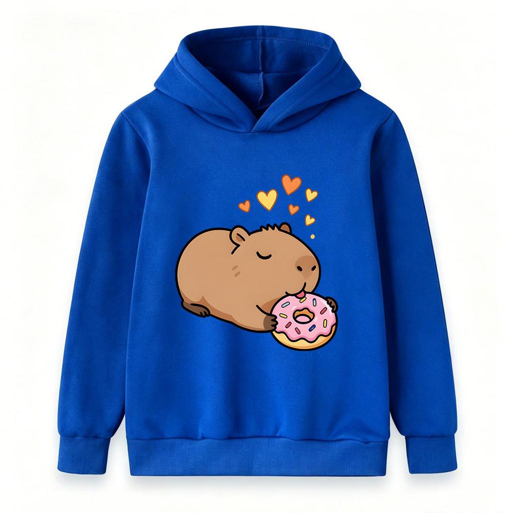 Kids Boys Girls Casual Hoodie, Cute Cartoon Capybara Eating Donut Print Pullover Hooded Sweatshirt, Cozy Long Sleeve Top For Daily Casual