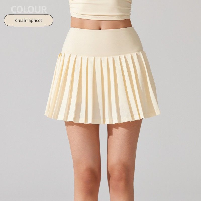 

Foreign Trade Sports Yoga Short dress Running Fitness Pleated Skirt High Waist Pocket Outdoor Anti-exposure Tennis Golf Skirt Cream apricot M