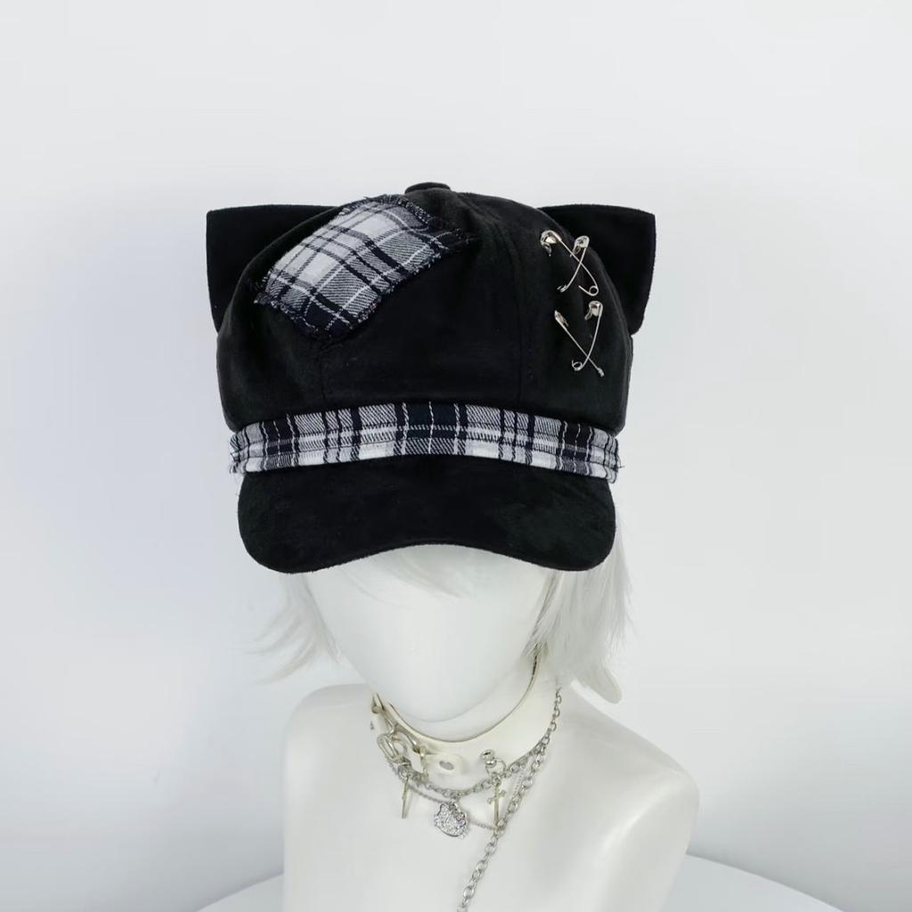 New Y2K Spice Girl Subculture Plaid Patch Cat Ear Hat Versatile Beret Breathable Cos Hat