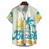 Camisa havaiana masculina com estampa de sol e coqueiro, camisa de praia com estampa 3D do Havaí, camisa de rua casual de verão de manga curta