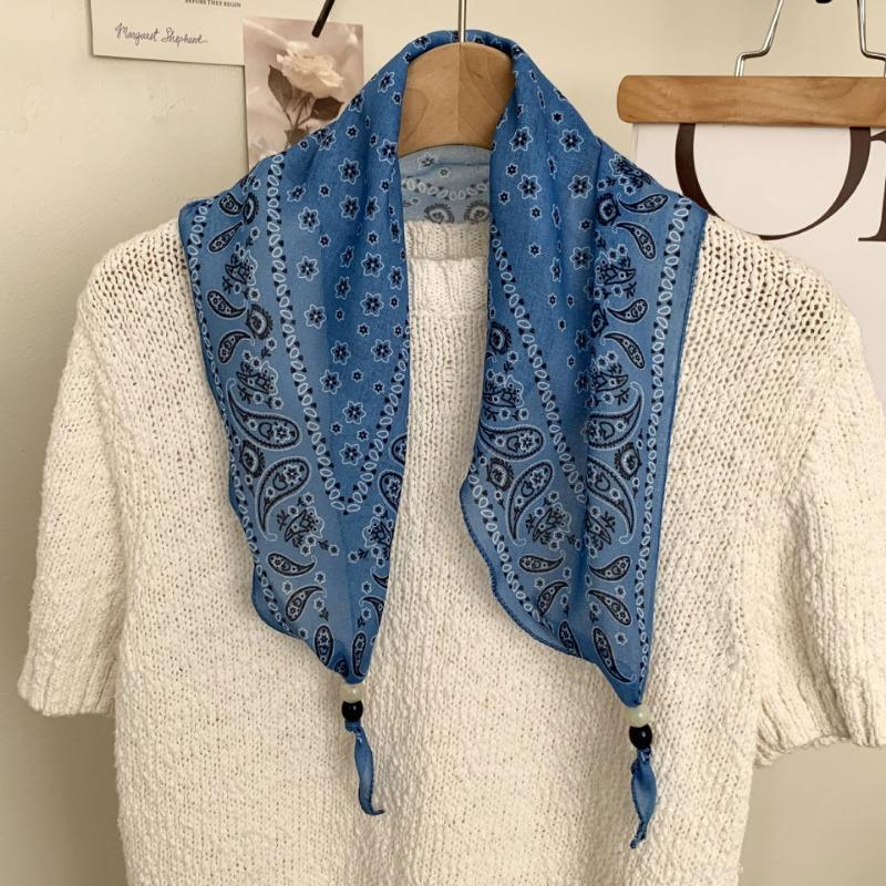 New high-end bohemian retro floral wood bead silk scarf women's tie headband small scarf belt accessories